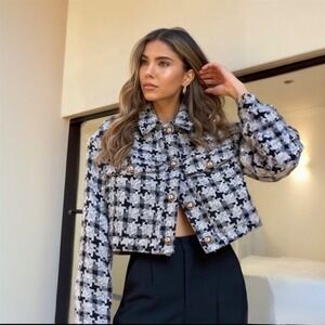 Ophelia Roe Women Houndstooth Tweed Crop Jacket Blazer S Old Money Prep Academia